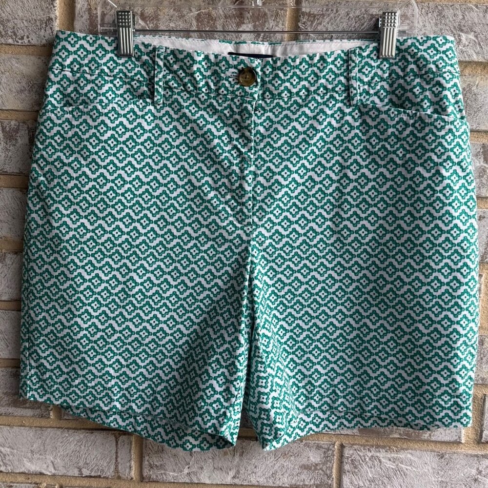 Lands' End Geometric Green/White Mid Rise Cotton Blend Chino Shorts Size 14